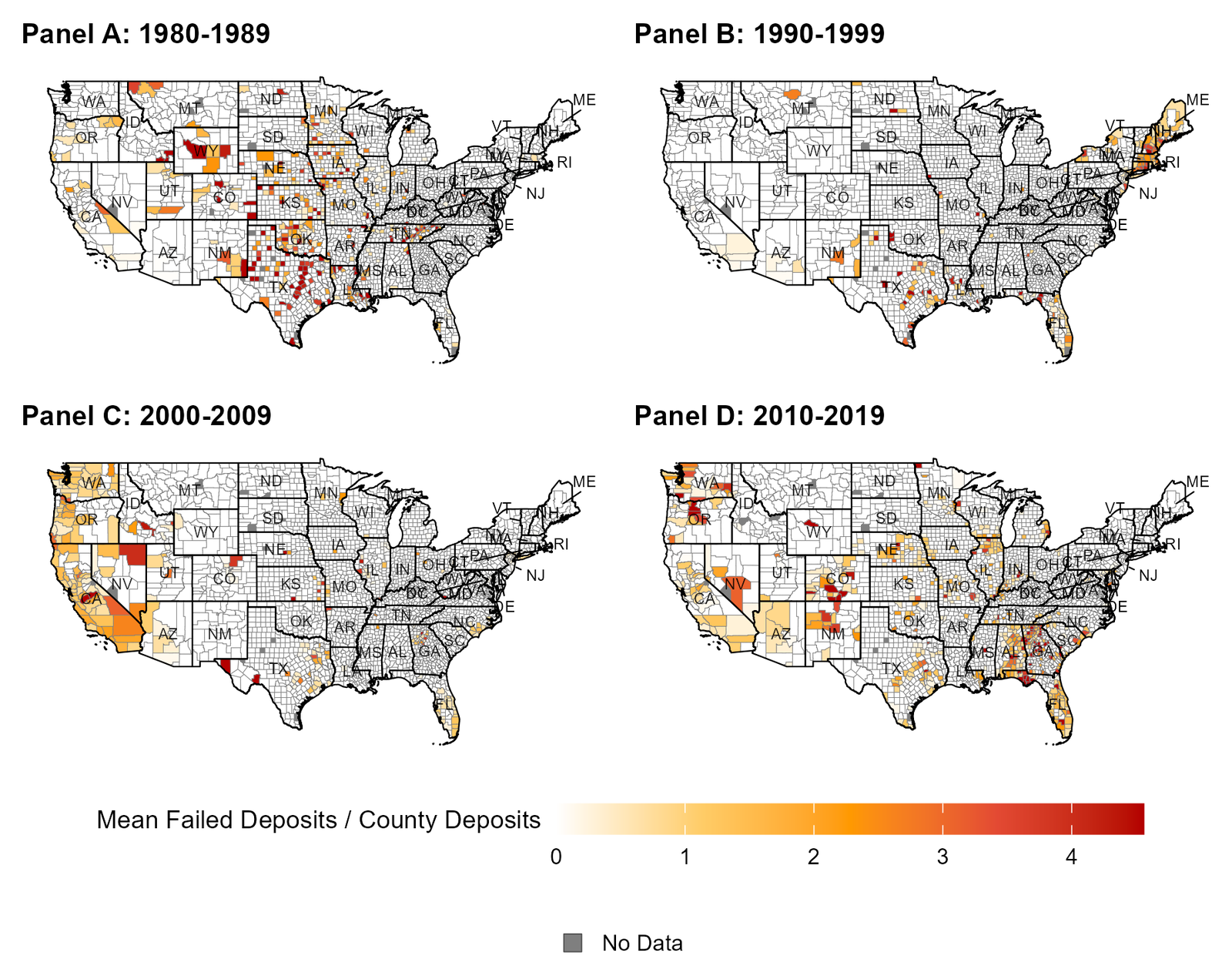 County maps of mean failed deposits as a share of county deposits, by decade from 1980 to 2019